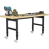 60'' Adjustable Workbench, Solid Wood Work Bench Table with Wheels and Power Outlet, Rolling Workbench Large Load Capacity Garage Workbench for Workshop,Office,Home