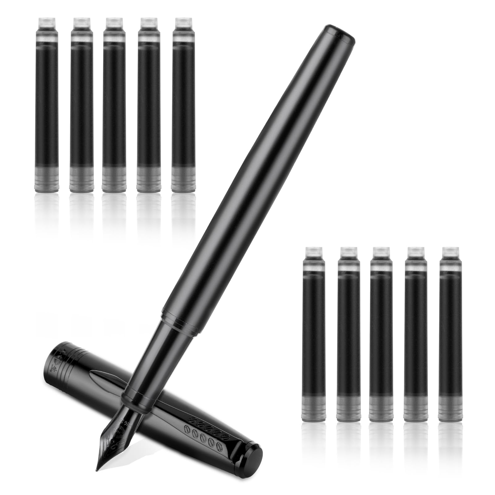 cobee Black Metal Fountain Pen, Fine Nib Fountain Pen with 10 2.6mm Black Ink Cartridges Luxury Fountain Pens 0.5mm Smooth Writing Pen Gift for Calligraphy Office Business Supplies