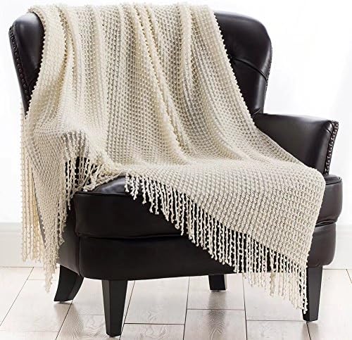 VVFamily Knit Throw Blanket with Tassels Fuzzy Pretty Fringe Throws Knitted Lap Blankets for Comfy Reading Outdoor Wrap by, White &amp; Golden Bubbles 60x50