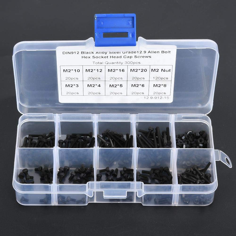 M2 Bolt and Nut Kit, 300pcs Alloy Steel M2 x 3/4/5/6/8/10/12/16/20mm Hex Socket Screw and Nut Kit with Storage Box - Image 4