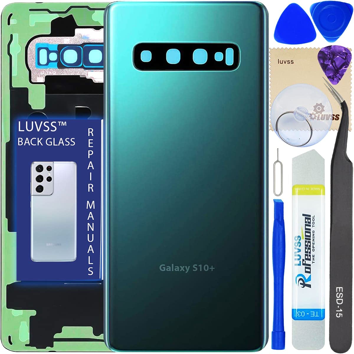LUVSS for Samsung Galaxy S10+ Plus SM-G975F Back Cover Glass Replacement + Camera Lens + Repair Manual DIY Tools Kit -Green