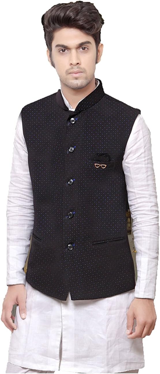 PinkCityCreations Indian Mens Jacket Wedding Designer Party Wear Black-Blue Dot Terry Rayon Waist Coat.