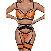 Garter Lingerie for Women,Sexy Lace Lingerie,Sheer Matching 4 Piece Lingerie Set