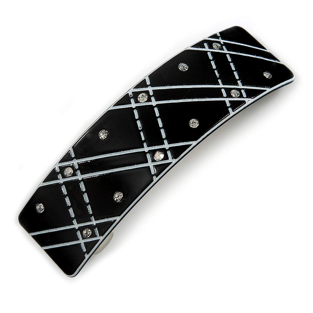 Black/White Acrylic Checked Pattern Crystal Barrette Hair Clip Grip In Silver Tone Metal - 80mm Long