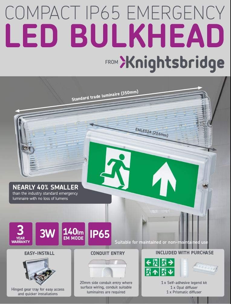 Knightsbridge Emergency Exit Bulkhead with Battery Backup, Polycarbonate, 3 W, White - Image 4