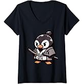 Women's Linux Ninja Penguin Programming Nerd Warrior V-Neck T-Shirt