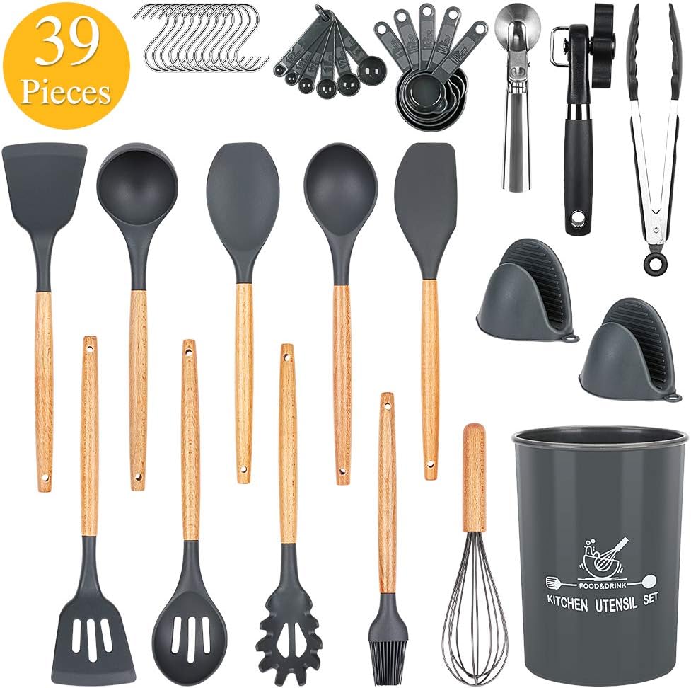 Docgrit Kitchen Utensil Set- 39 PCs Cooking Utensils with Oven Mitts, Ice Cream Scoop, Can Opener, Spoon Spatula &Turner Made of Heat Resistant Food Grade Silicone and Wooden Handle