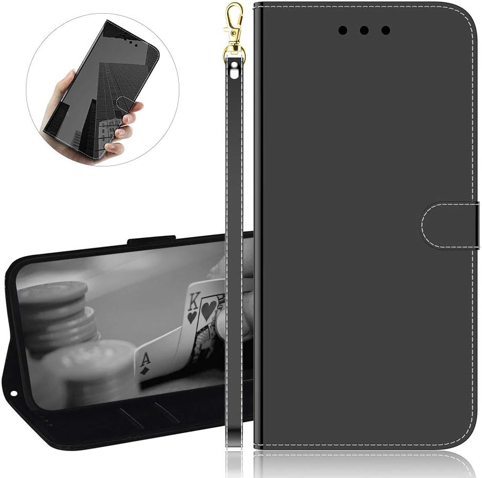 YiCTe Surface Mirror PU Leather Wallet Case for Samsung Galaxy A20S,with Stand,Card Slots,Wrist Strap,Magnetic Closure, Plain Color Flip Folio Thin Full Body Protective Cover,Black
