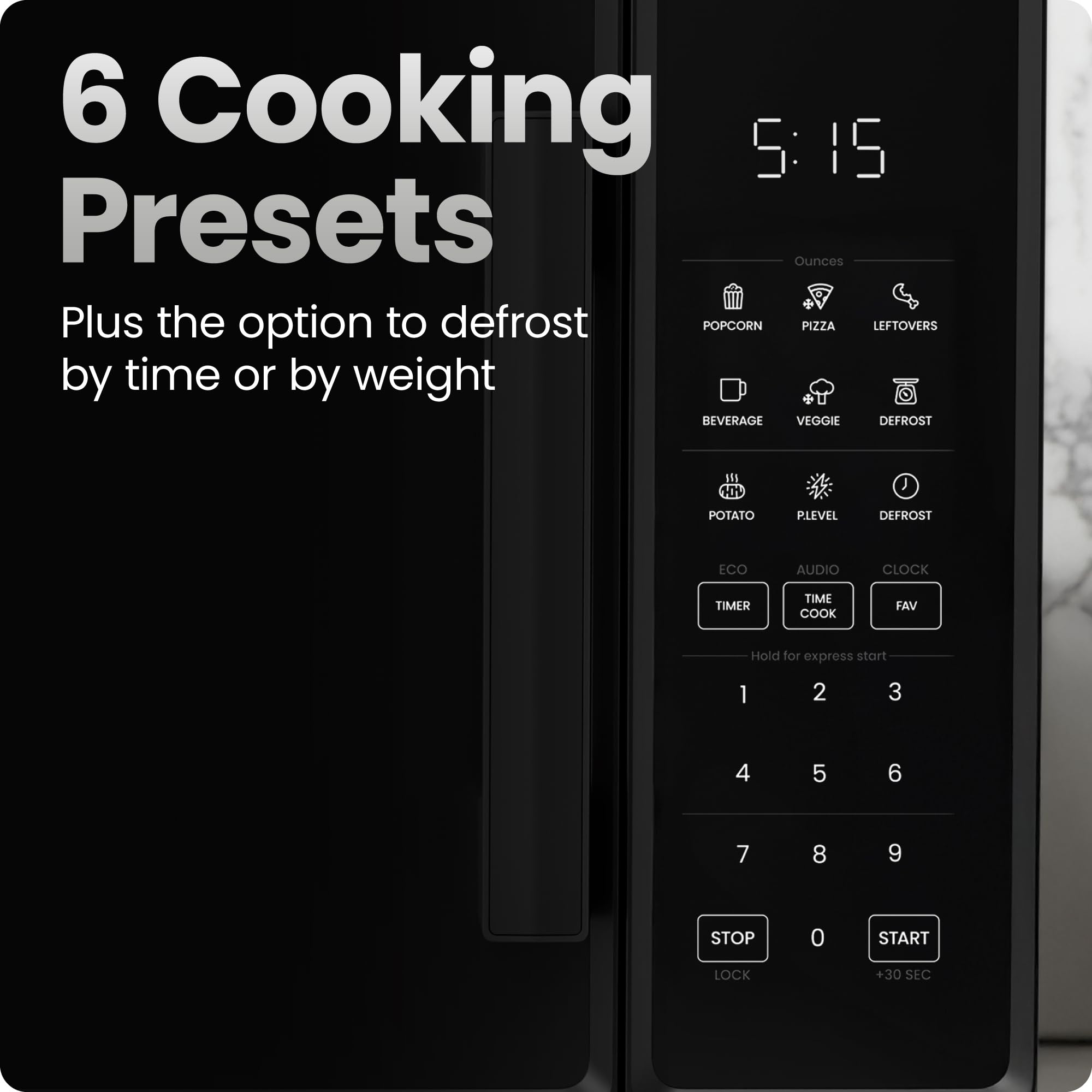 Chefman Countertop Microwave Oven 1.1 Cu. Ft., 1000 Watts with 10 Power Levels, 6 Cooking Presets with One-Touch Express Cook, Eco Mode, Child Safety Lock, & Mute Button - Black