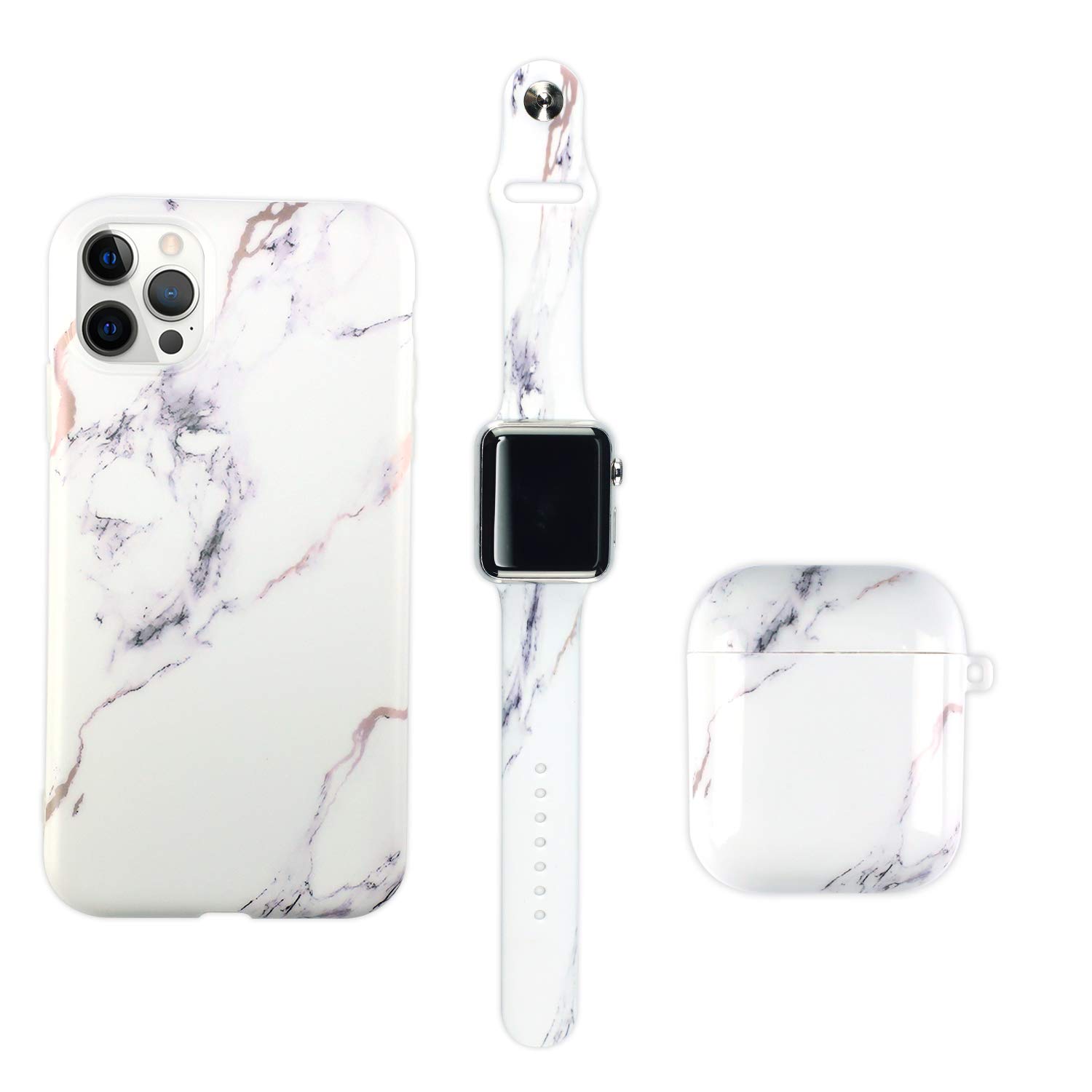 Makzib Matching Case compatible with iPhone 11pro,Airpods case 1& 2 & pro with Watch band.Marble design slim Glossy 3 in 1 protective cases (38mm 40mm Airpods pro, Marble White & Gold)