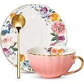 ONEUSTAR Tea Cup and Saucer Set for 1 Bone China English Tea Cup with Spoon Floral Teacup 8 oz British Coffee Latte Mug for Mother's Day Gifts, Pink