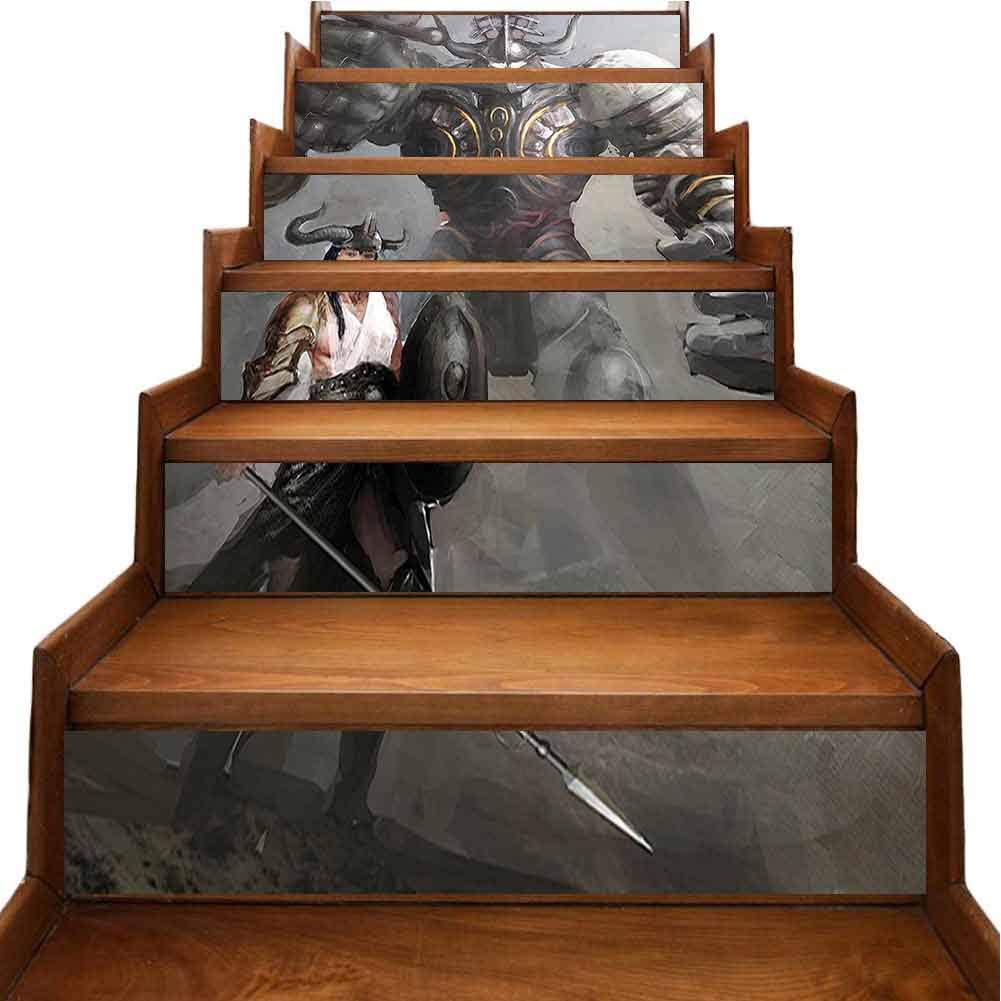 3D Self-Adhesive Stair Risers Stickers Knight Giant Warrior Medieval Myth Charcoal Grey Furniture Mural Traditional Waterproof Home Decor, W39.3 x H7 inch