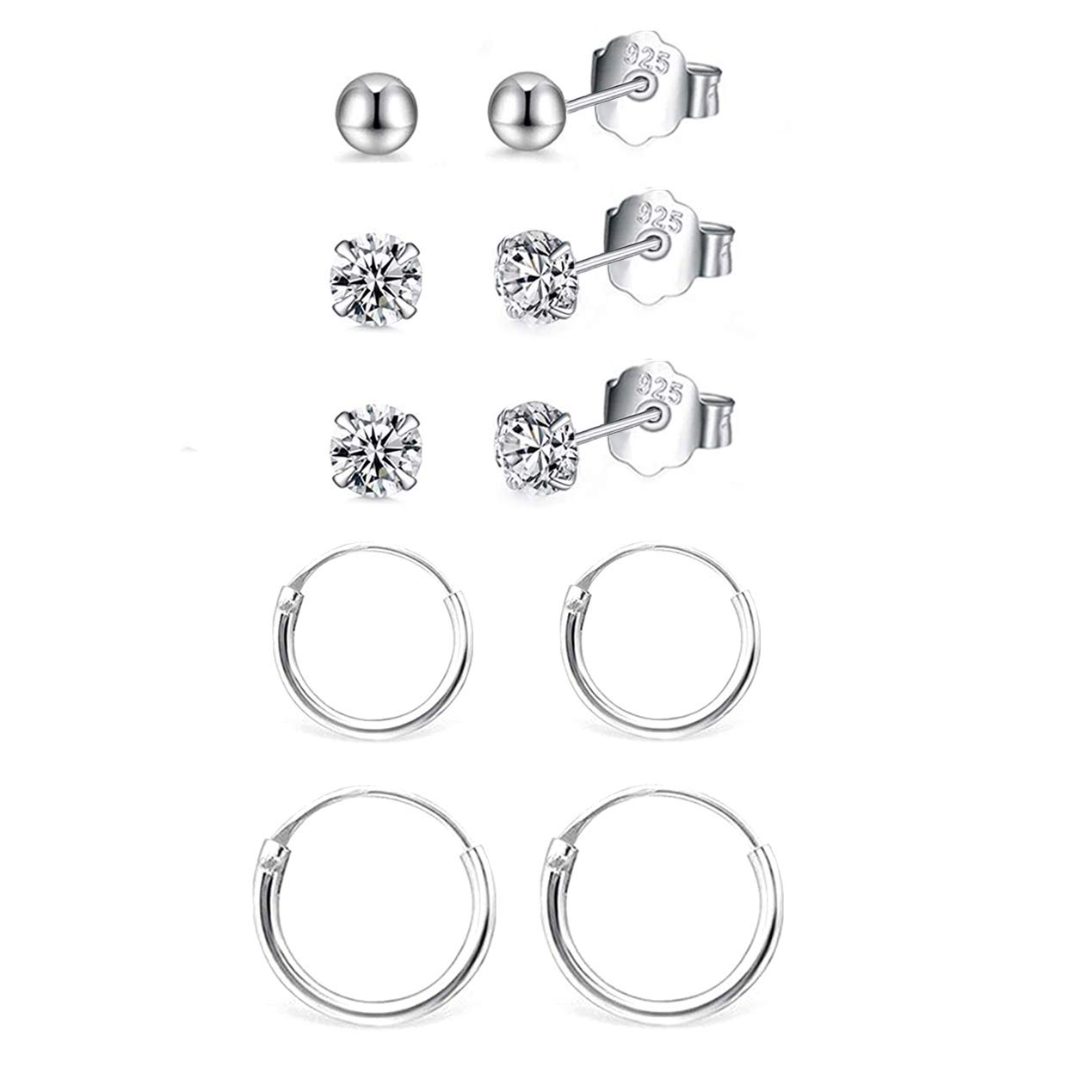 HAISWET Jewellery Set 925 Sterling Silver 12MM 14MM Tiny Endless Hoop Earrings Set Cartilage CZ Ball Stud Earrings