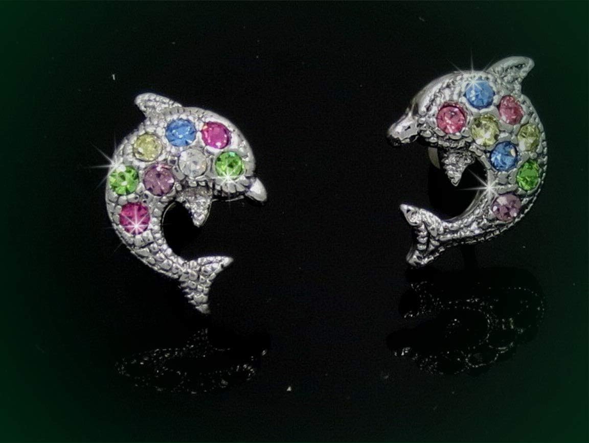 Adorable Dolphins Silver Tone Austrian Crystal Stud Earrings For Women Dolphin Multicolor