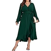 SCOMCHIC Women Plus Size Formal Dresses Fall Long Sleeve Faux Wrap V Neck High Low Ruffle Cocktail Wedding Guest Maxi Dress
