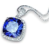 Large Tanzanite Necklace Square Cushion Deep Blue Lab Created Tanzanite Sterling Silver 18KGP December birthstone - anniversary gift; luxury birthstone jewelry 18+2" adjustable chain #696