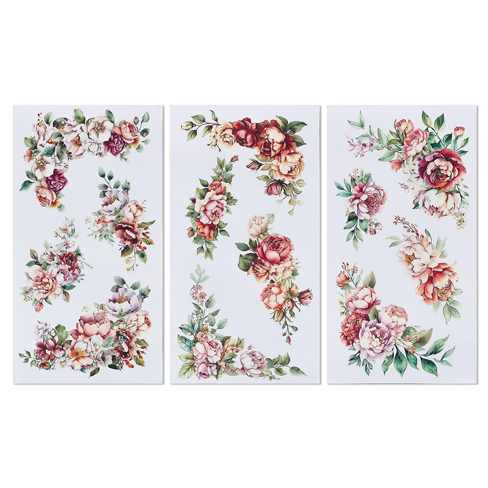 OLYCRAFT 3pcs/Set Corner Flower Rub on Transfers for Furniture and Crafts 15x30cm Roses Peonies Decor Transfer Stickers Floral Rub on Decals for Wood Furniture Scrapbooking Home Decorations