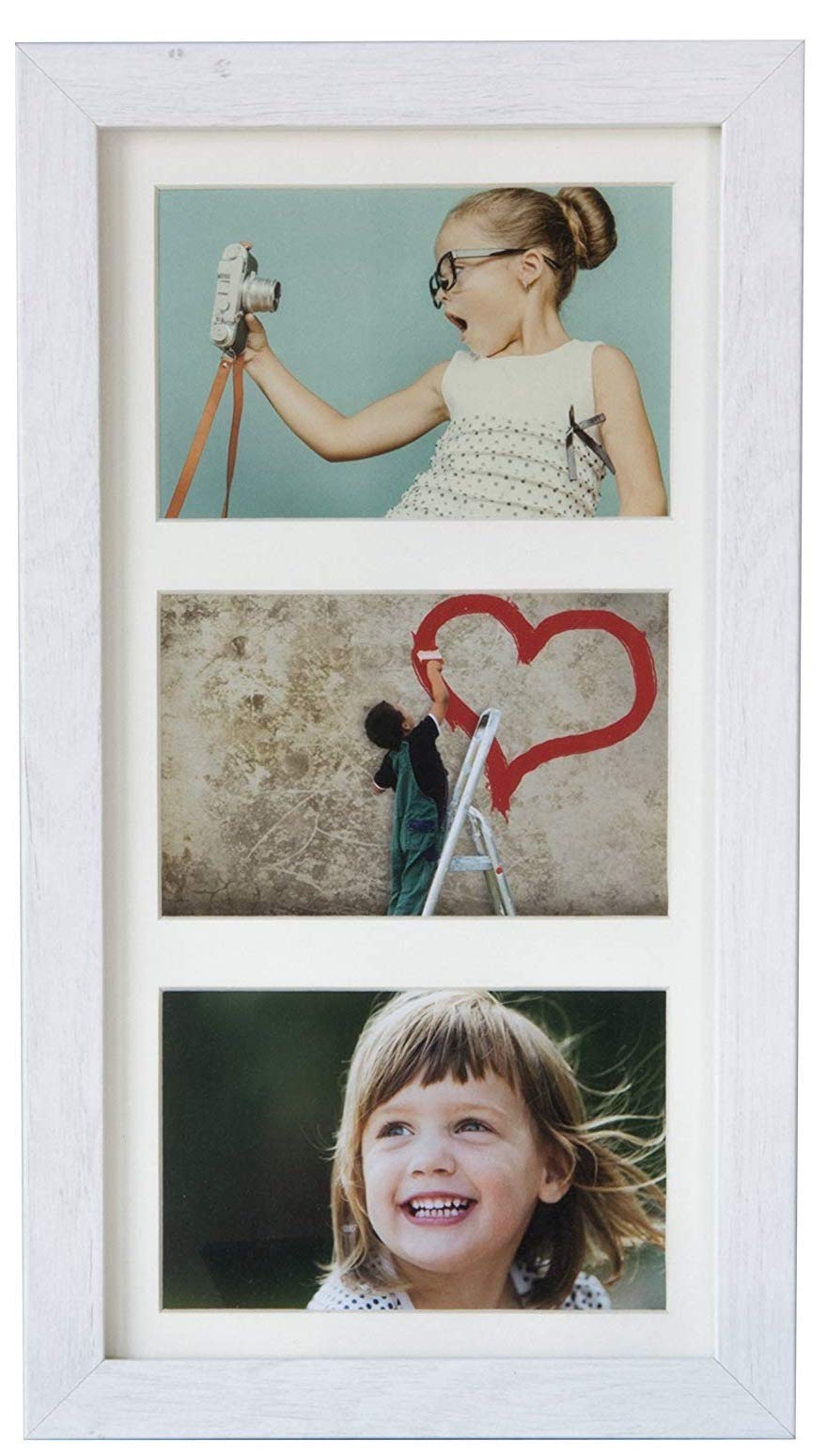 BD ART 18 x 35 cm (7 x 14-Inch) - Multiple Aperture Picture Frame for 3 Photos 4 x 6-Inch, RUSTICAL WHITE