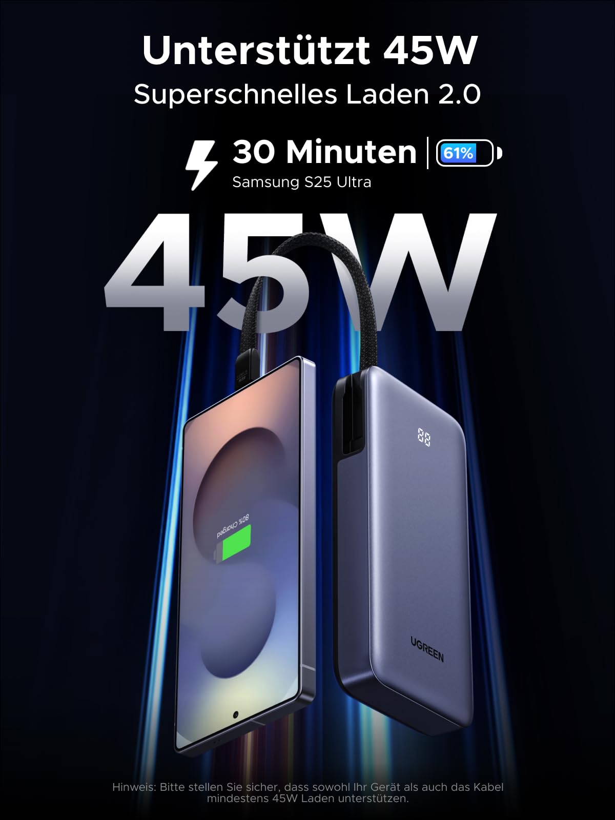 UGREEN Power Bank, 20000mAh 45W Schnellladen mit Integriertem USB-C Kabel & Bidirektionalem 45W PD, Externe Handyakkus Kompatibel mit Galaxy S25 Ultra/S25+, iPhone 17/16 Serie, iPad, Laptop und mehr 2