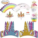 Unicorn Cupcake Toppers and Wrappers and Glitter Unicorn Hats for Kids Unicorn Party Decorations(24 pcs Toppers & 24 pcs Double Sided Wrappers & 10 pcs Glitter Unicorn Hats)