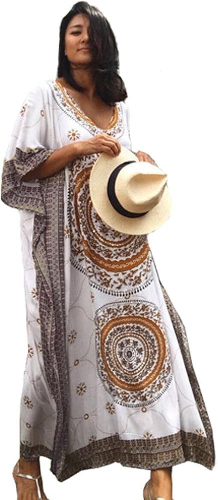 FreestyleMo Women's Oversized Maxi Kimono Ethnic Print Bikini Cover Ups Beach Kaftan Dress (One Size, Khaki) - Image 4