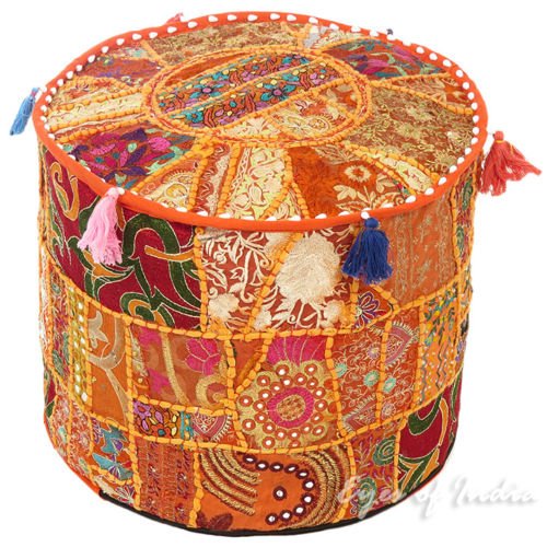 NANDNANDINIBeautiful Handmade Orange Christmas Decorative Bohemian Ottoman Patchwork Ottoman Indian Embroidered Indian Vintage Cotton Round Pouf Foot Stool, Vintage Ottoman Bohemian Decor