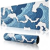 Japanese Blue and White Wave Gaming Mouse Pad XL, Non Slip Rubber Base Mousepad, Stitched Edges Desk Pad, Extended Large Mice Pad,31.5 X 11.8 Inch