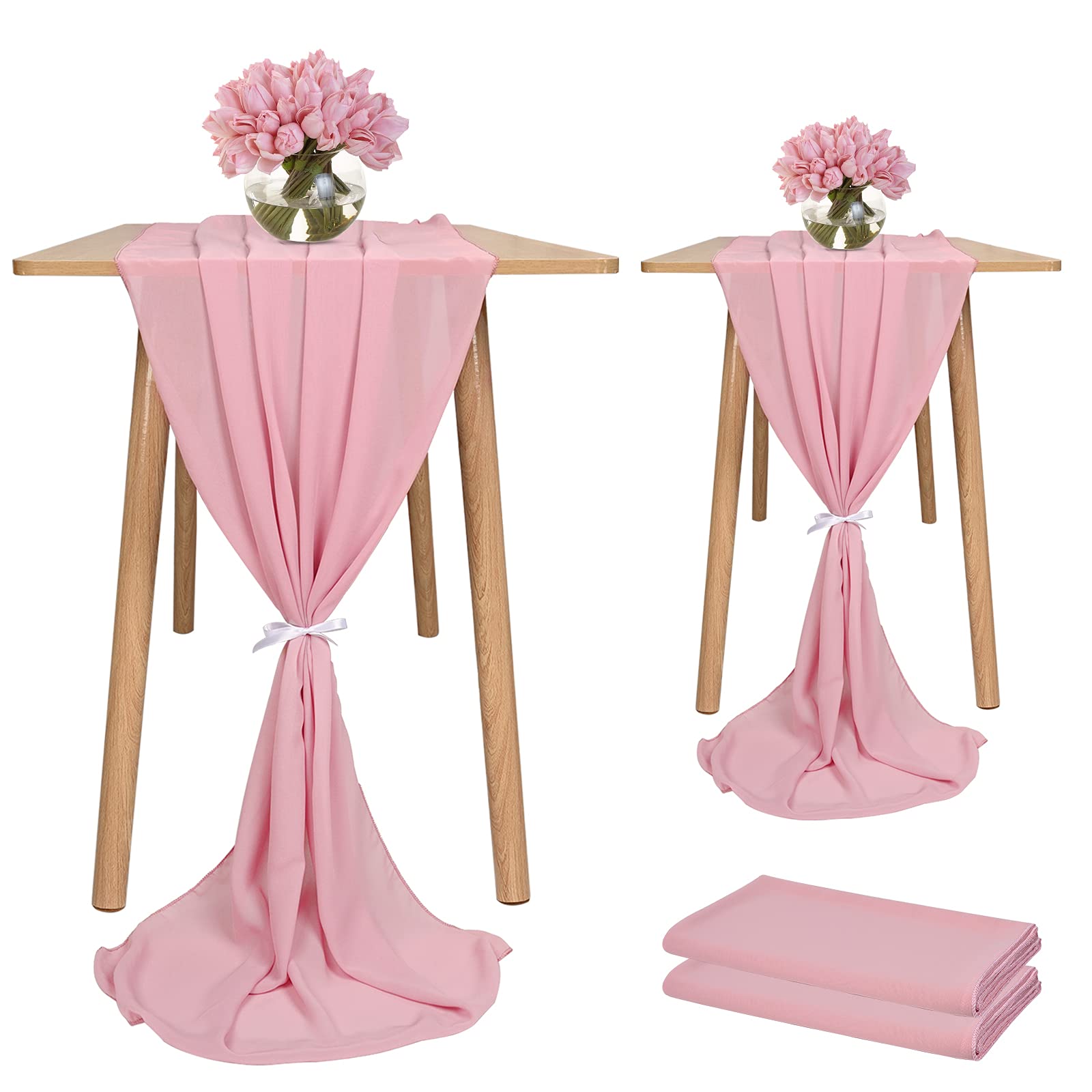 Showgeous 2 Pcs Chiffon Table Runner 28x120 Inches Romantic Wedding Runner 10ft Dusty Rose Sheer Chiffon Table Cover Dressing Table Runner for Wedding Birthday Party Bridal Baby Shower Decorations