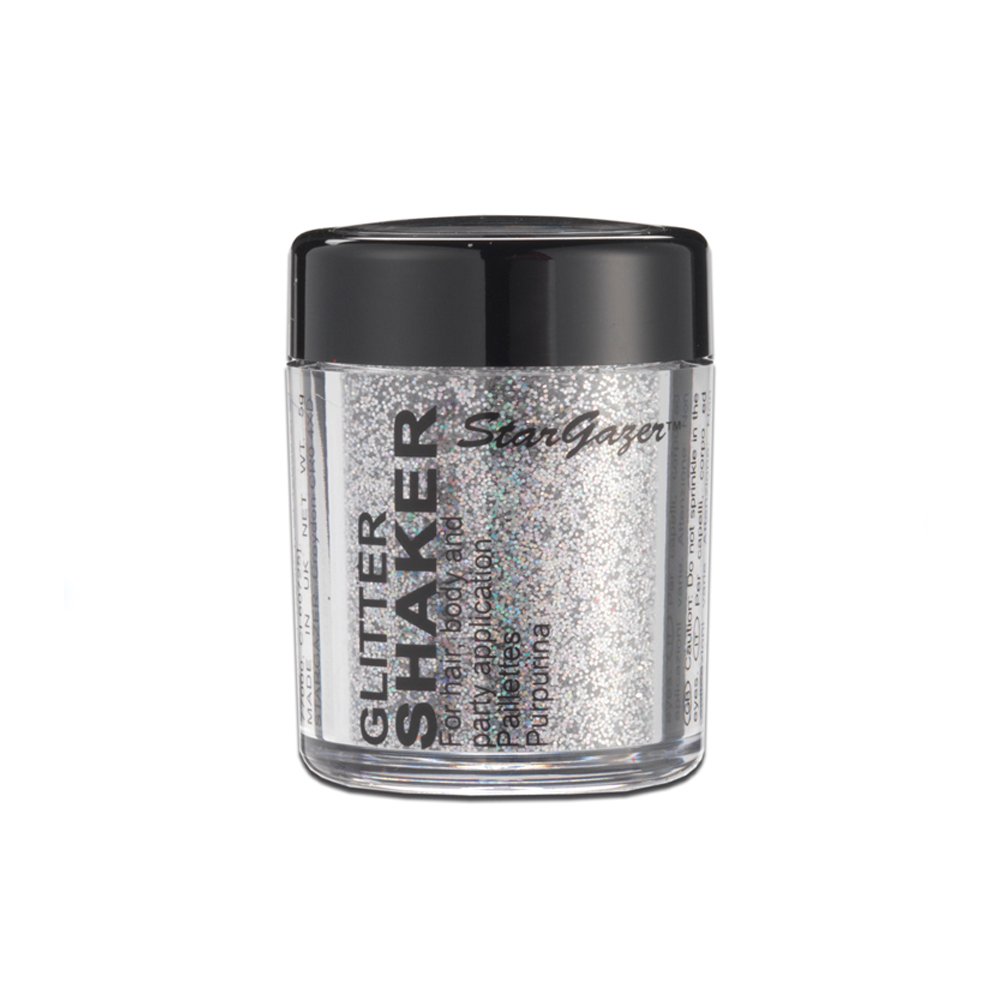 Stargazer Glitter Shaker, Hologram. Cosmetic glitter powder for use on the eyes, lips, face, body, hair and nails.