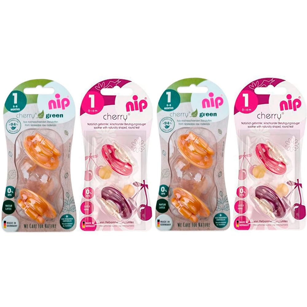 Nip Cherry Dummy Rund Latex, pack of 8 items for Girls, Size 1 (0-6 months), made in Germany