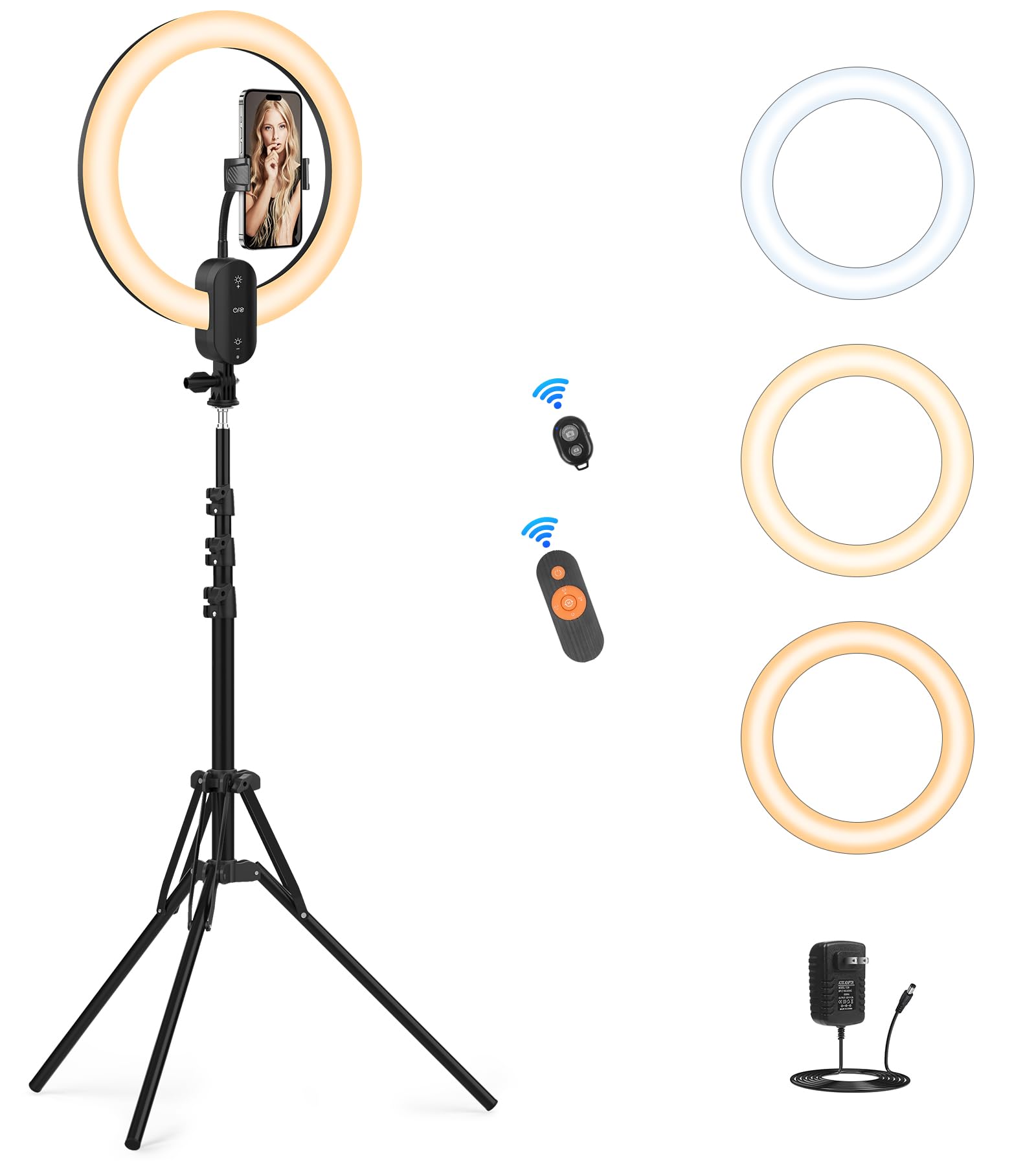 Photo 1 of 12" Selfie Ring Light with 63" Tripod Stand/Phone Holder, QEUOOIY 20W LED Circle Lights Dimmable 3000-6500K with Remote Control and Built-in Rechargeable Battery for Vlog, Makeup, YouTube, Camera