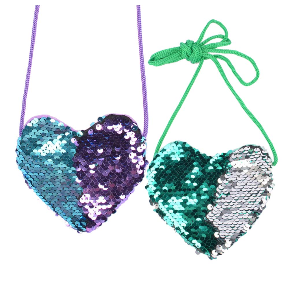 2 PCS Shiny Sequins Heart-shaped Princess Mini Bags, Cute Little Girls' Shoulder Bag Handbag Purse, Cross Body Messenger Bag (blue+green)