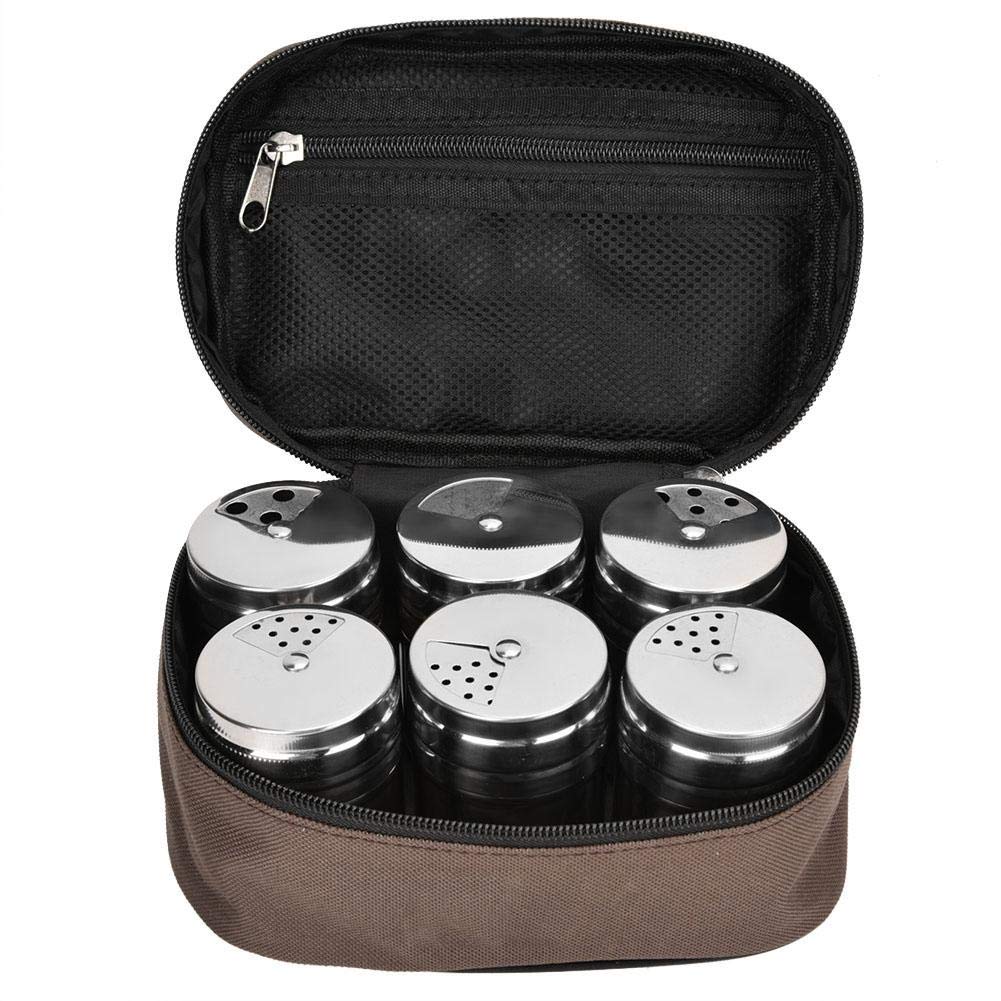 6Pcs Seasoning Jar Stainless Steel Pepper Salt Pot Kitchen Seasoning Can with Storage Bag Outdoor Camping BBQ
