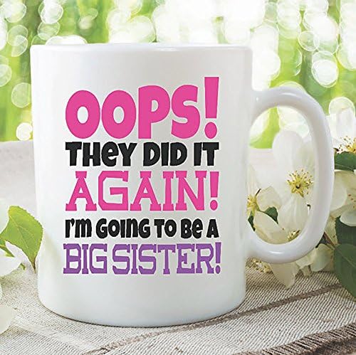 Sister Mugs Big Sister Again New Baby Girl Baby Shower Pregnancy Announcement Kids Children's Gift New Born Gift Birthday Present, 11oz 15oz