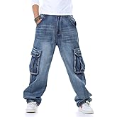 Idopy Casual Motorcycle Workwear Multi Pockets Denim Biker Cargo Jeans Pants