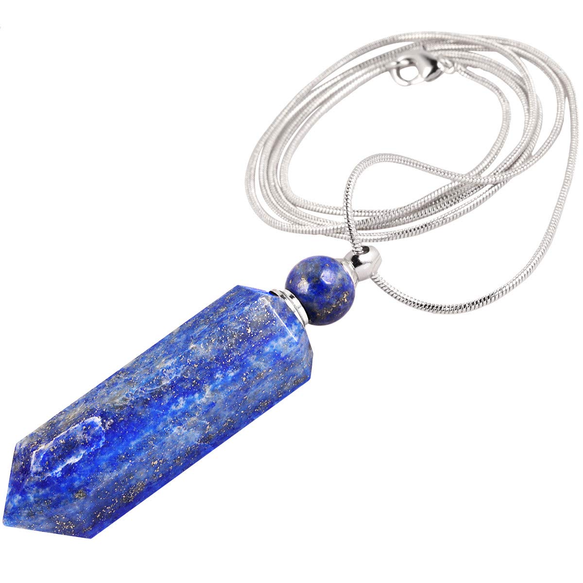 KYEYGWO Lapis Lazuli Healing Crystal Point Aromatherapy Essential Oil Diffuser Necklace Hexagonal Perfume Bottle Pendant Necklace for Men Women