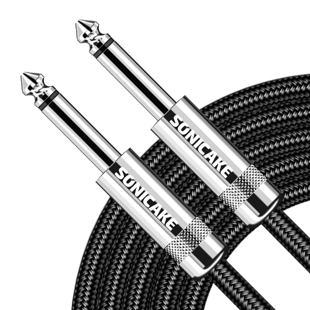 SONICAKE Braided Guitar Cable 6m/20ft Guitar Instrument Cable 6.35mm 1/4" Straight Angle to Straight Black