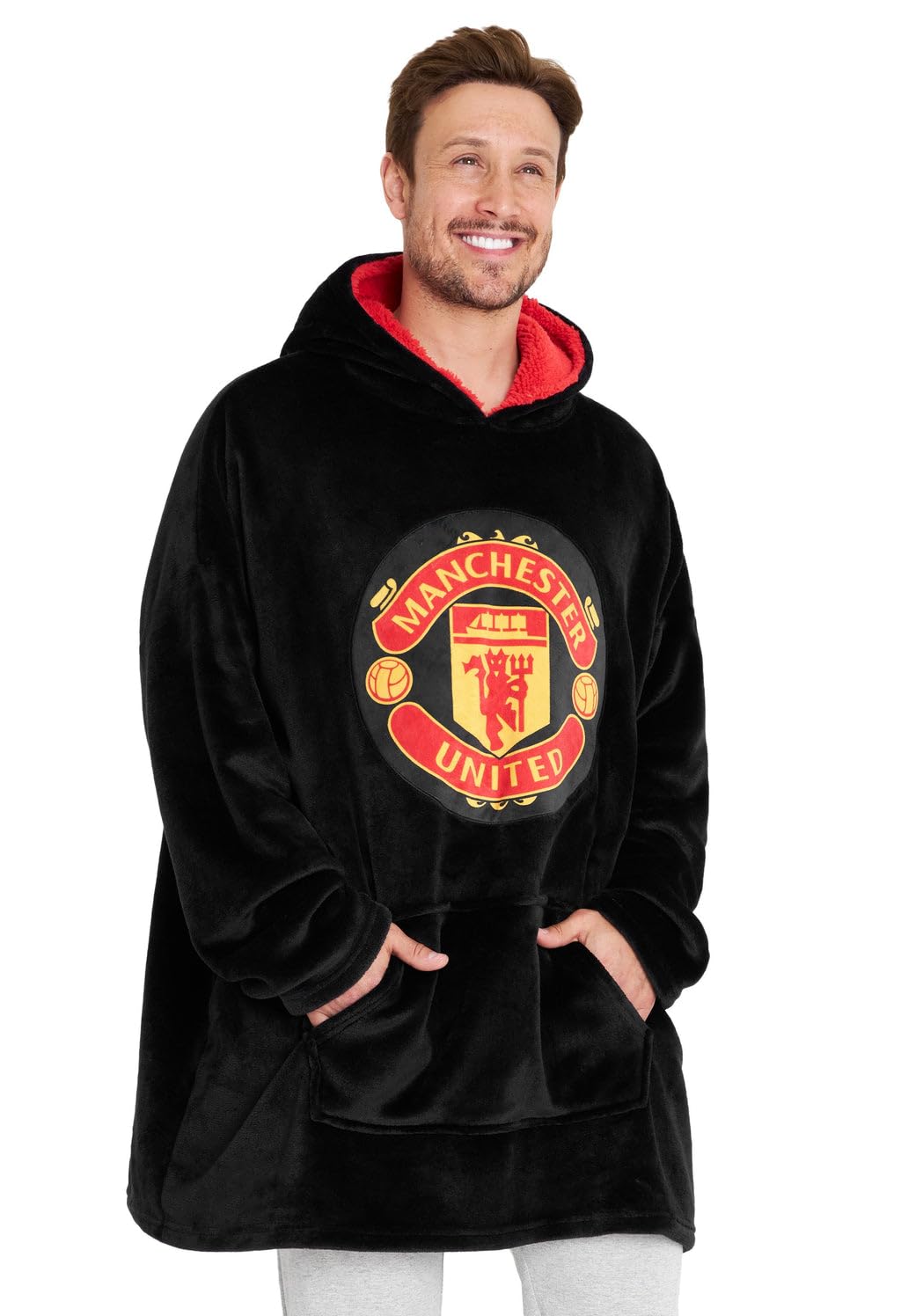 Manchester United F.C. Oversized Hoodie Blanket For Men, Man U Football Gifts (Black)