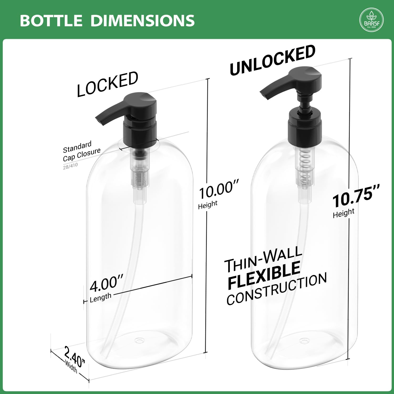 Bar5F Empty Shampoo Bottles with Pumps (2-Pack 32oz/1Liter/Large) BPA-Free PETE1 Plastic Bottle Crystal-Clear