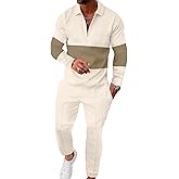 UOUA Mens 2 Piece Set Casual Outfits 1/4 Zip Polo Long Sleeve Shirt & Pants Track Suit Loungewear Athletic Sweatsuit