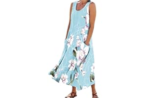 RDEGOOCHA Women 2024 Summer Tank Dress Sleeveless U Neck Printed/Solid Boho Beach Shirt Maxi Flowy Linen Cotton Dresses with Pocket