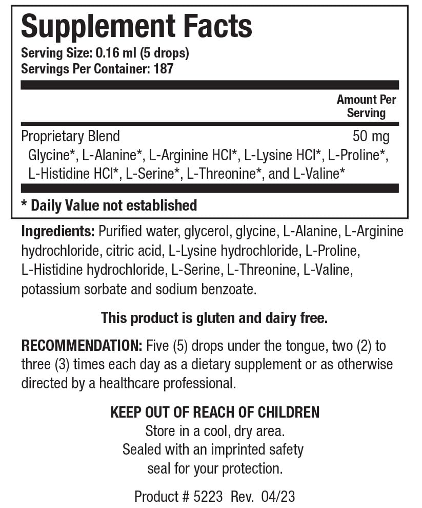 Biotics Research Amino Acid Quick Sorb Liquid Formula, Highly Absorbed, Glycine, L Alanine, L Arginine HCl, L Lysine HCl, L Proline, L Histidine HCl, L Serine, L Threonine, L Valine, 2 Fluid Ounces
