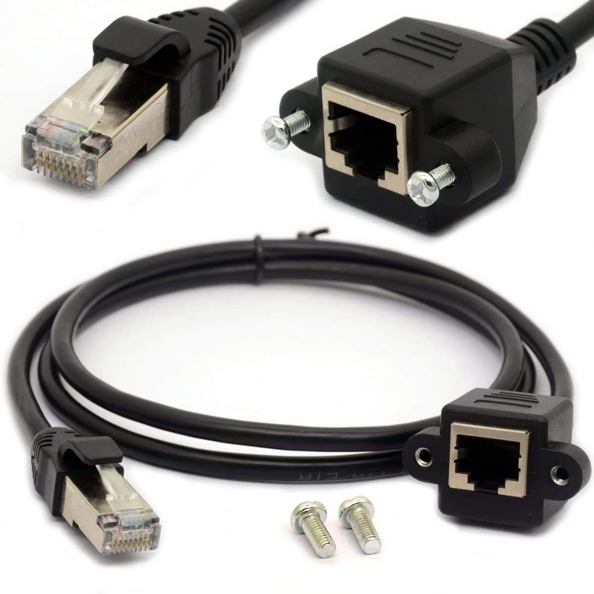 RJ45 Ethernet Extension Cable Cat 5E/5 Cat 6 Male to Female Shielded Screw Panel Mount Internet LAN Network Lead (1.5 Meter)