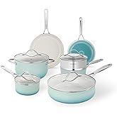 ONGIFT Kitchen Pots and Pans Set Non Stick, 11 Pcs Ceramic Cookware Set with Stay-Cool Handle, Pot and Pan Set NonToxic PFOA/PFAS Free, Dishwasher/Oven Safe, Evenly Heats, Enamel Exterior - Teal