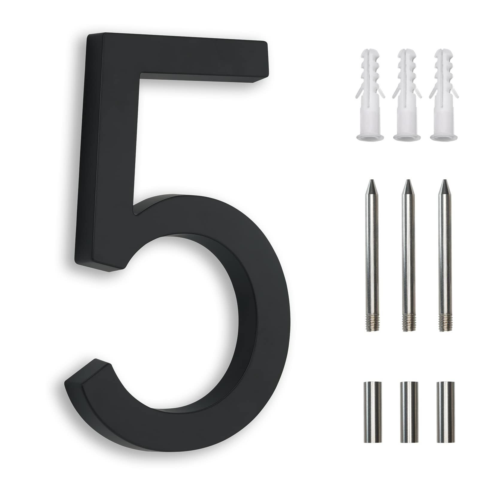 Photo 1 of 7 Inch Address Numbers for Houses, Modern House Numbers for Outside Street Metal Black Large Door Numbers on Floating Mount Zinc Alloy Black Number 5