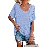Womens Tunic T Shirts Short Sleeve Round Neck Soft Loose Shirts Summer Casual Tops with Pocket