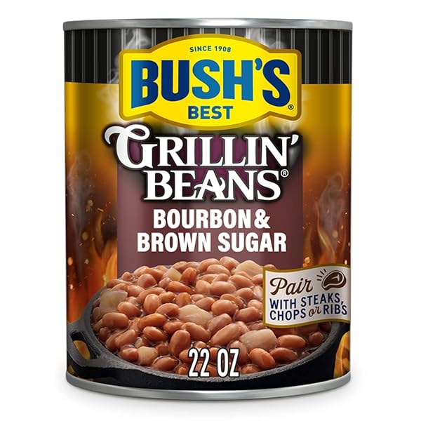 BUSH’S CANNED BOURBON AND BROWN SUGAR GRILLIN’ BEANS, PLANT-BASED PROTEIN, GOOD SOURCE OF FIBER, VEGETARIAN, FAT FREE, GLUTEN FREE, 22 OZ