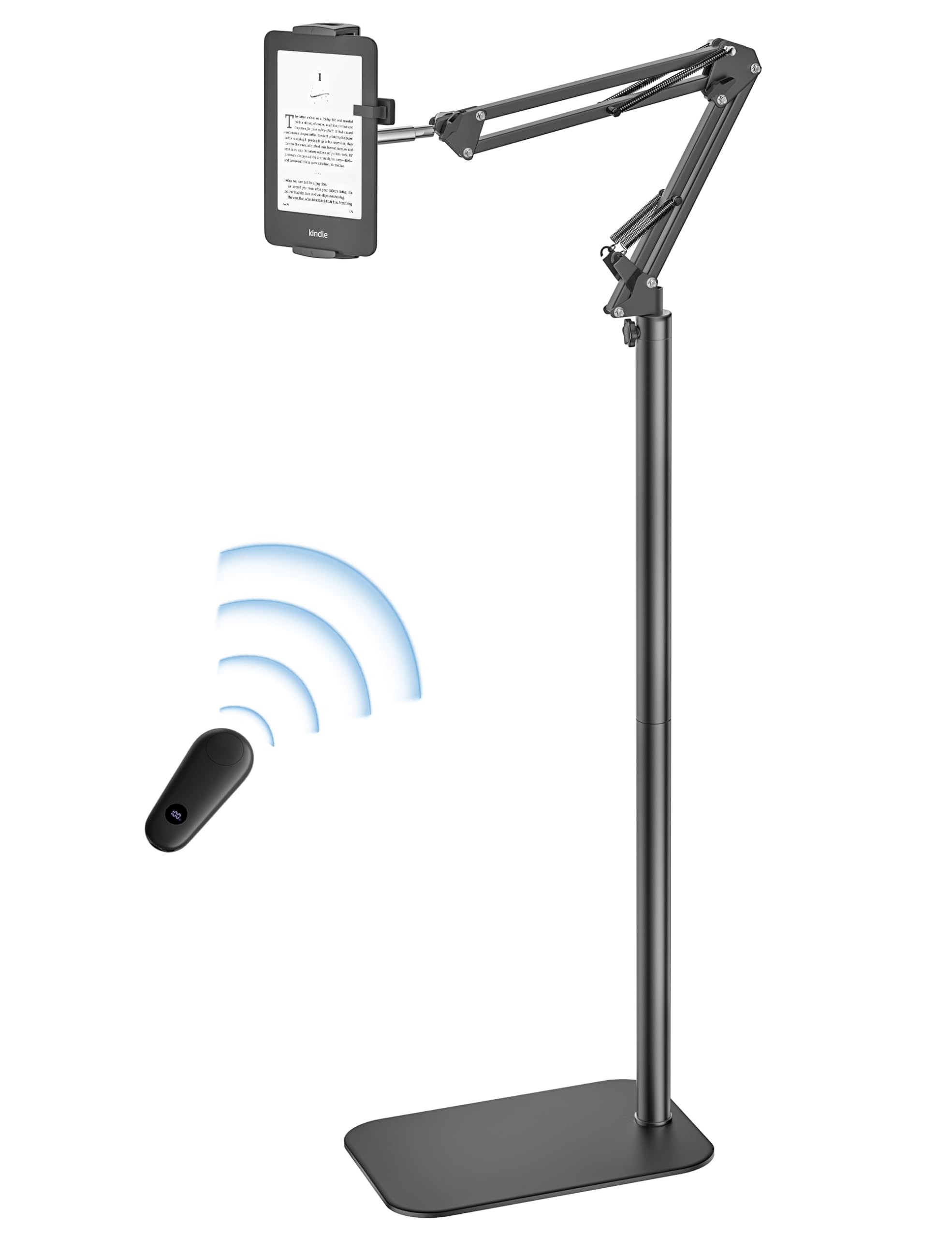 VOLTIFYMAX Tablet Bodenständer mit Kindle Fernbedienung, Verstellbarer Tablet Halterung für Kindle zubehör Paperwhite/Oasis/Kobo, iPad/Pro/Mini, Phone, Samsung Tab, 4.7-13 Zoll (schwarz)