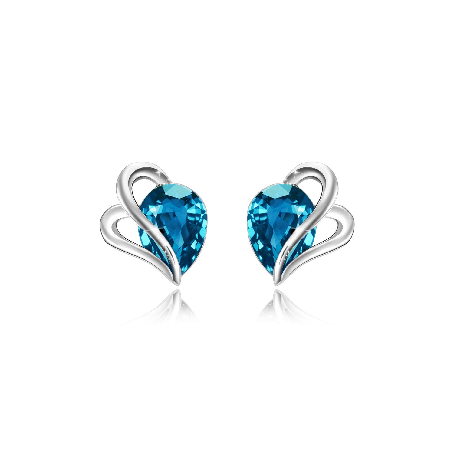 AOBOCO Aquamarine Earrings 925 Sterling Silver Heart Crystal Hypoallergenic Stud Earring March Birthstone Jewellery Gift for Her (Aquamarine)