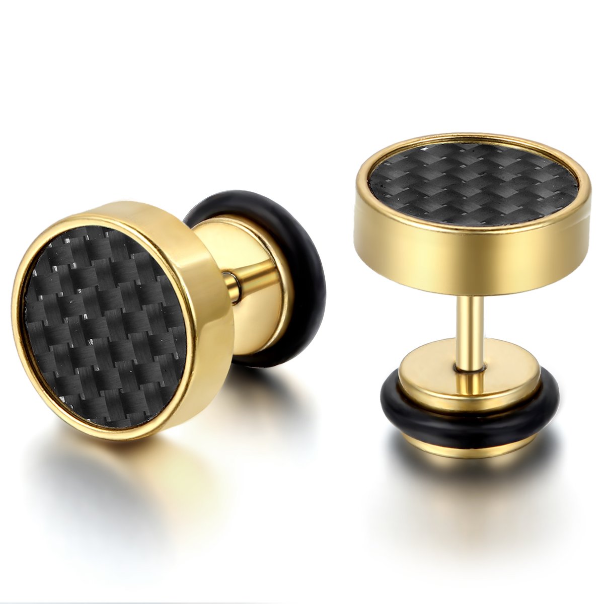 JewelryWe Pair of Mens Womens Stainless Steel Carbon Fiber Stud Earrings, 8mm, Black Gold, 1 Pair 2pcs (with Gift Bag)